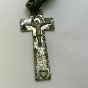 Old Vintage Tarnished Brass 2 in. Crucifix on Green Cord w Beads Patina INRI